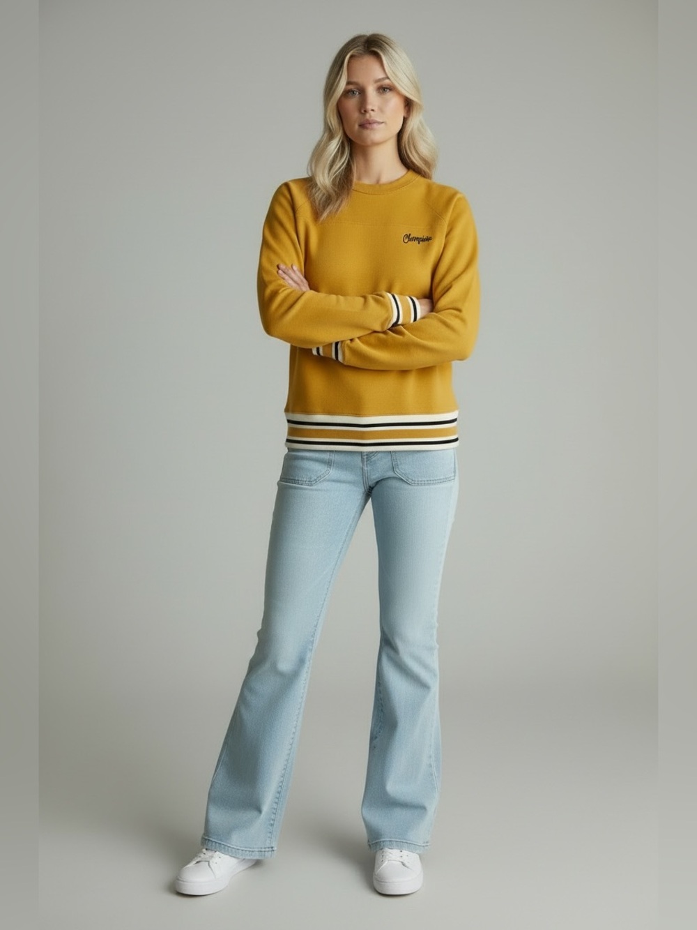Champion Mustard Crewneck Sweater with Striped Hem